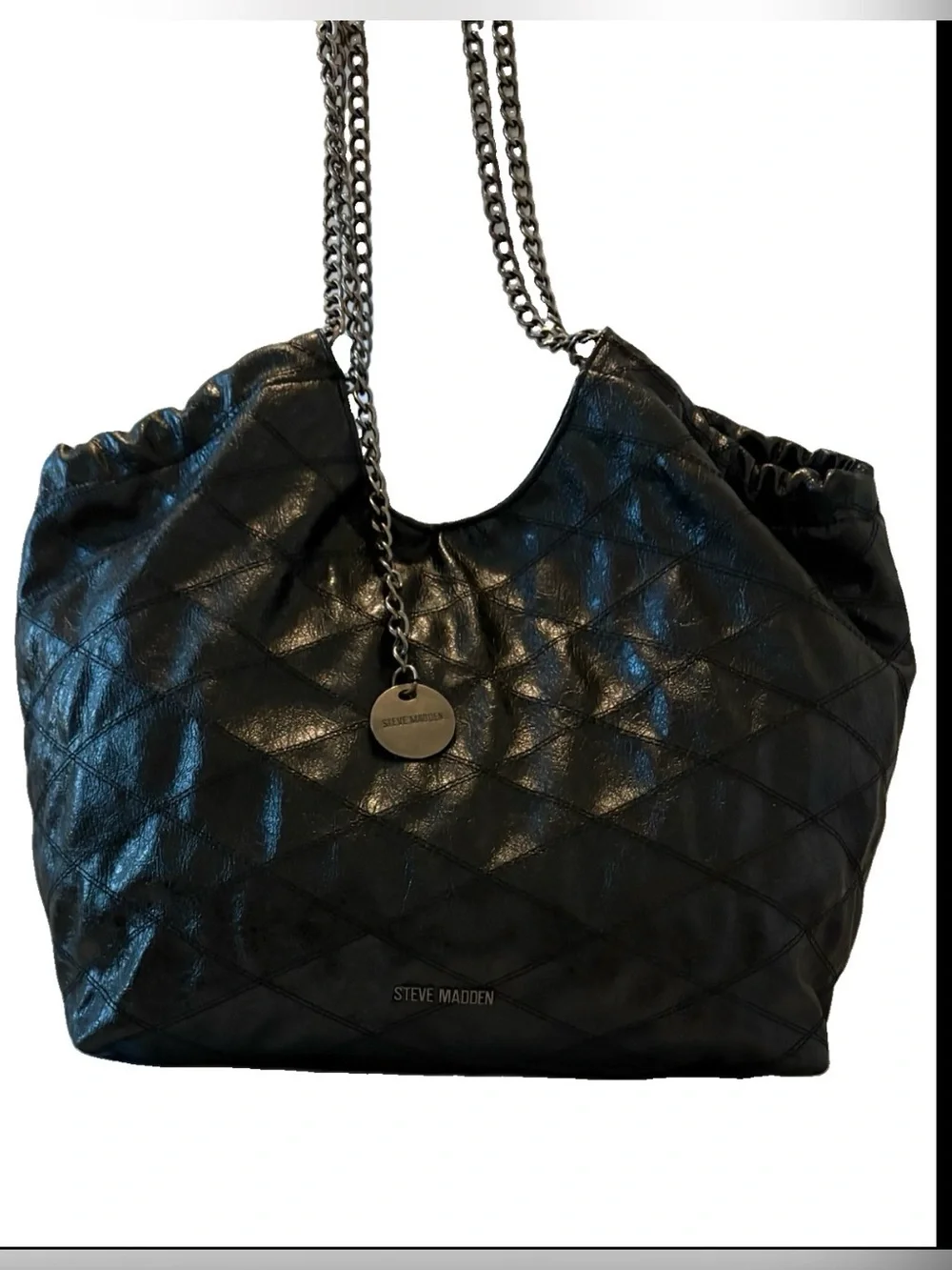 Steve Madden Bkattt Quilted Chain Women’s Black Tote Bag. large, slouchy